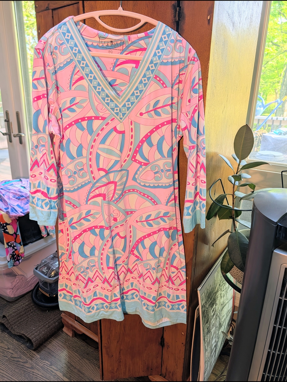 Pink & Blue Geometric V-Neck Mini Dress